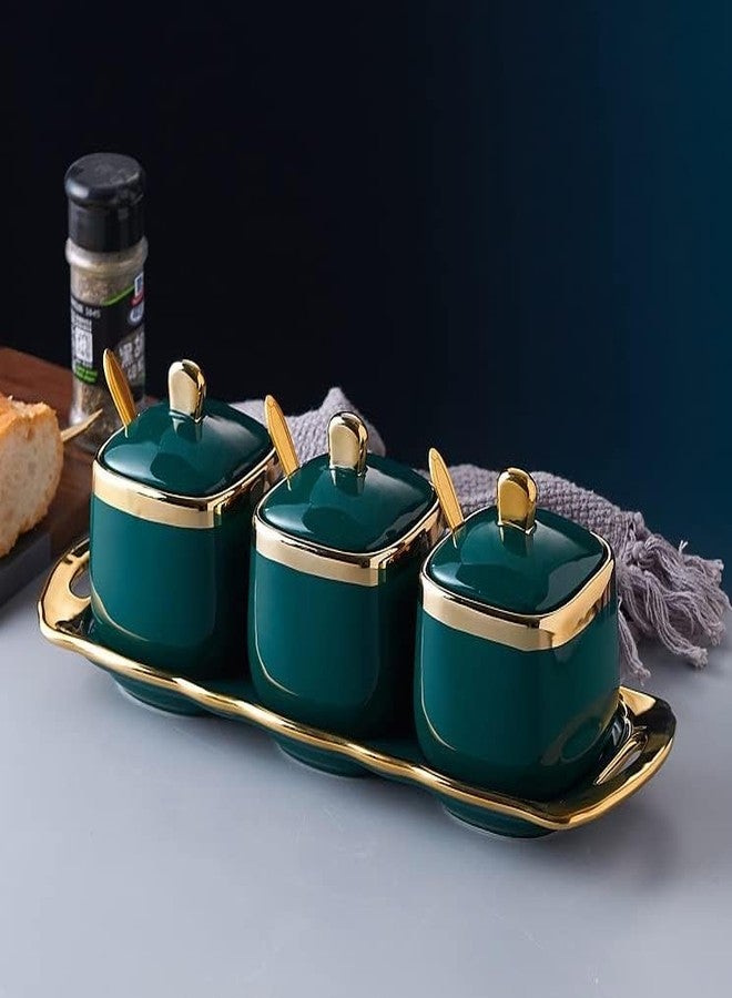 JRM 3Pcs Condiment Jar Condiment Seasoning Pot with Ceramic Tray, Serving Spoon and Lid for Tea Sugar Coffee Salt Pepper and Spices (Green) - Image 1
